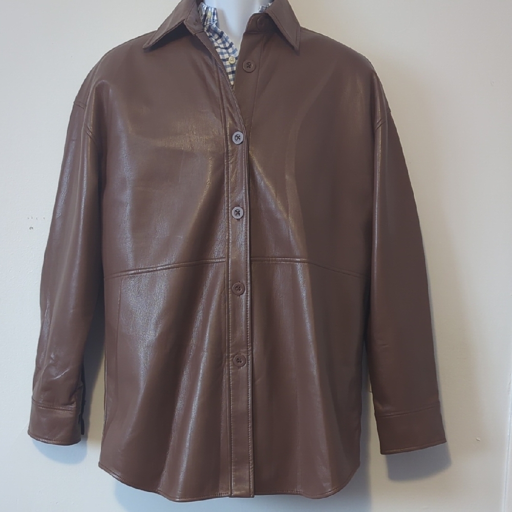 Brown Leather Button-Up Jacket